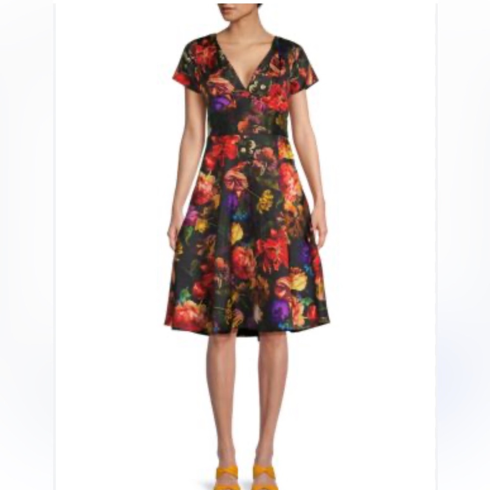 Theia Red and Orange V-Neck Fit and Flare Midi Dress